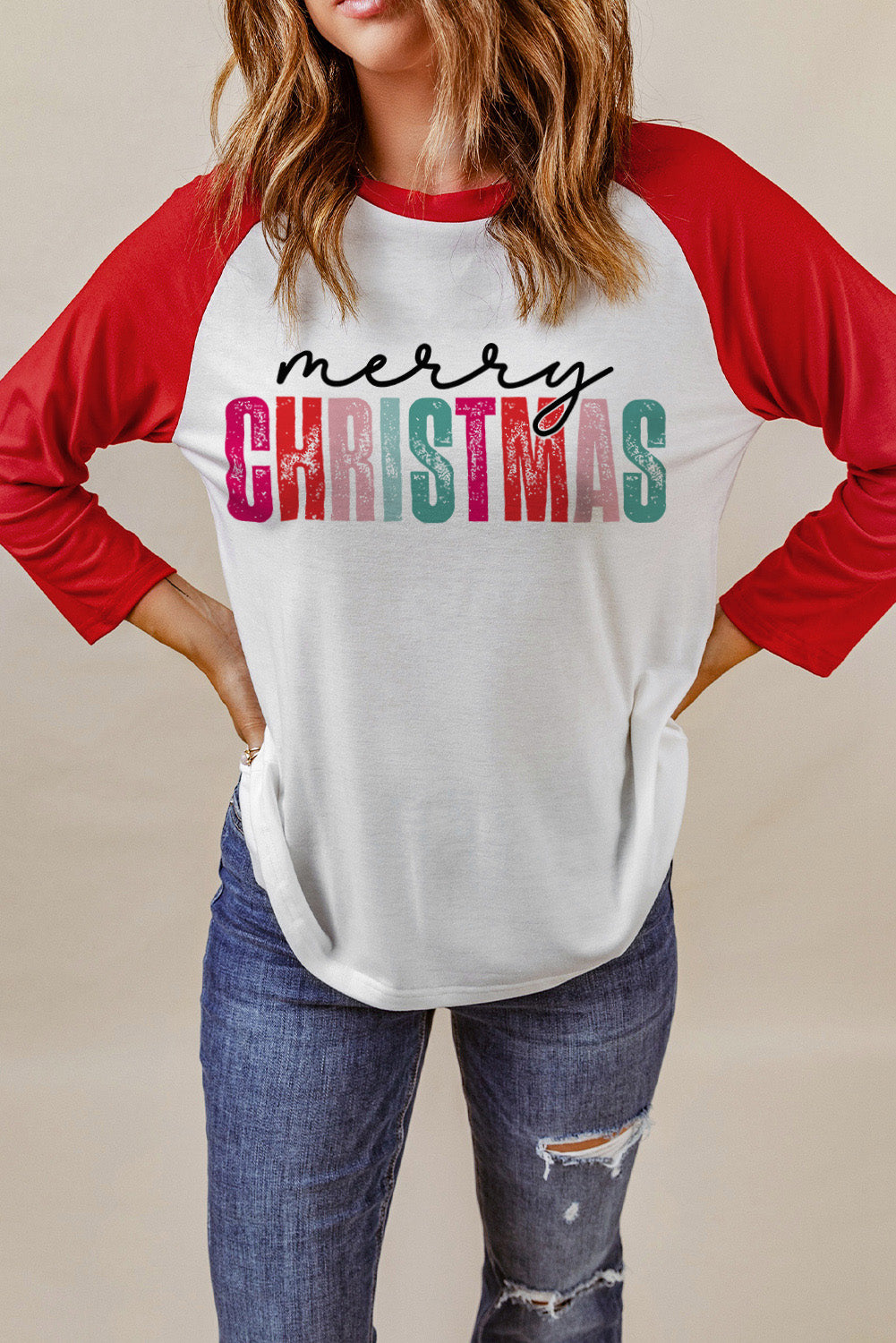 Merry CHRISTMAS Color Block Long Sleeve Top