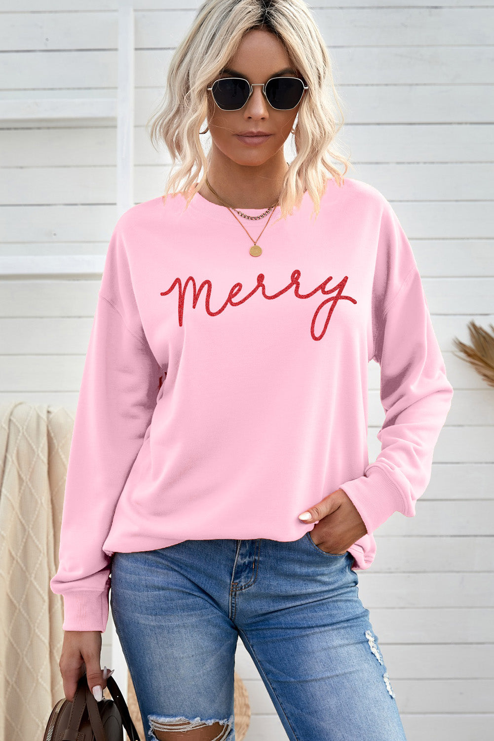 Merry Letter Print Long Sleeve Pullover Sweatshirt