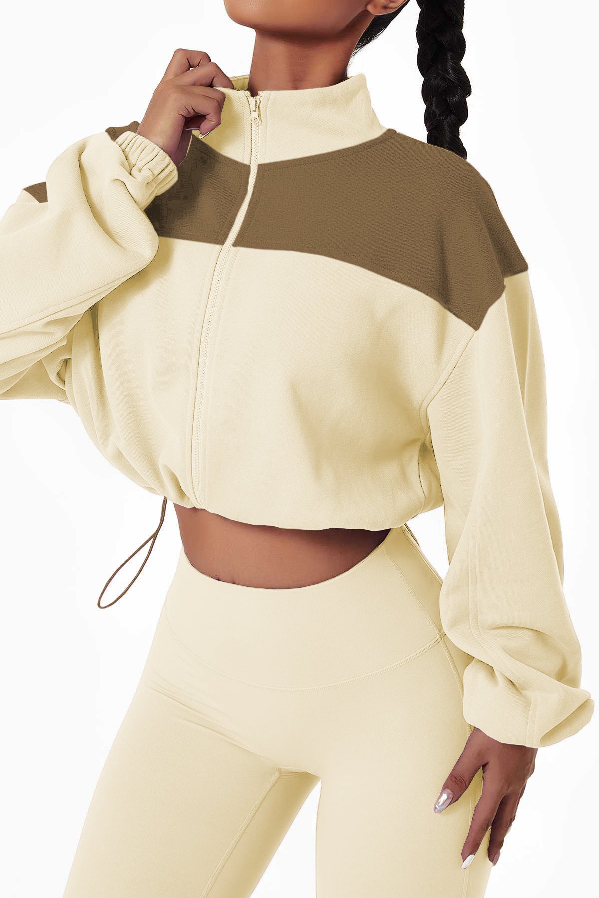 Beige Color Block Drawstring Cropped Athleisure Jacket