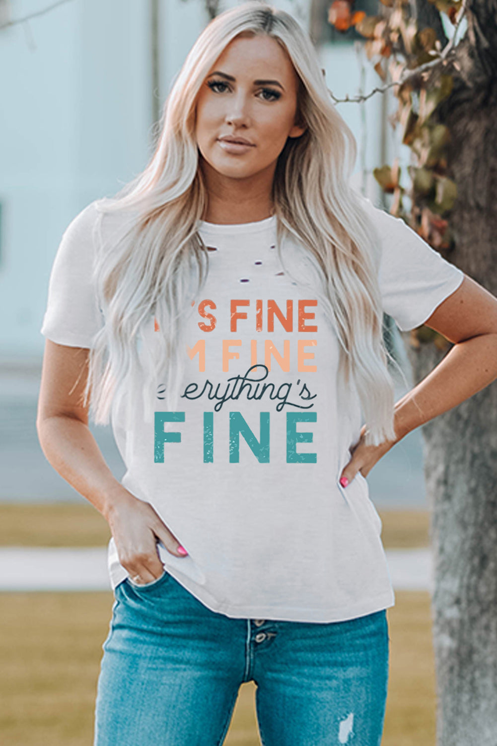 White Everything is Fine Graphic Distressed T-shirt