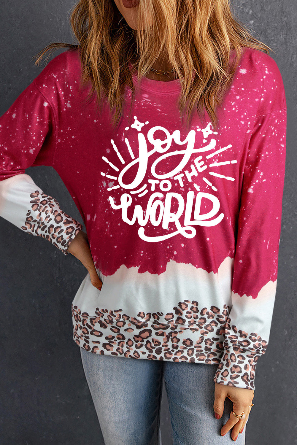 Red Joy To The World Leopard Print Loose Sweatshirt