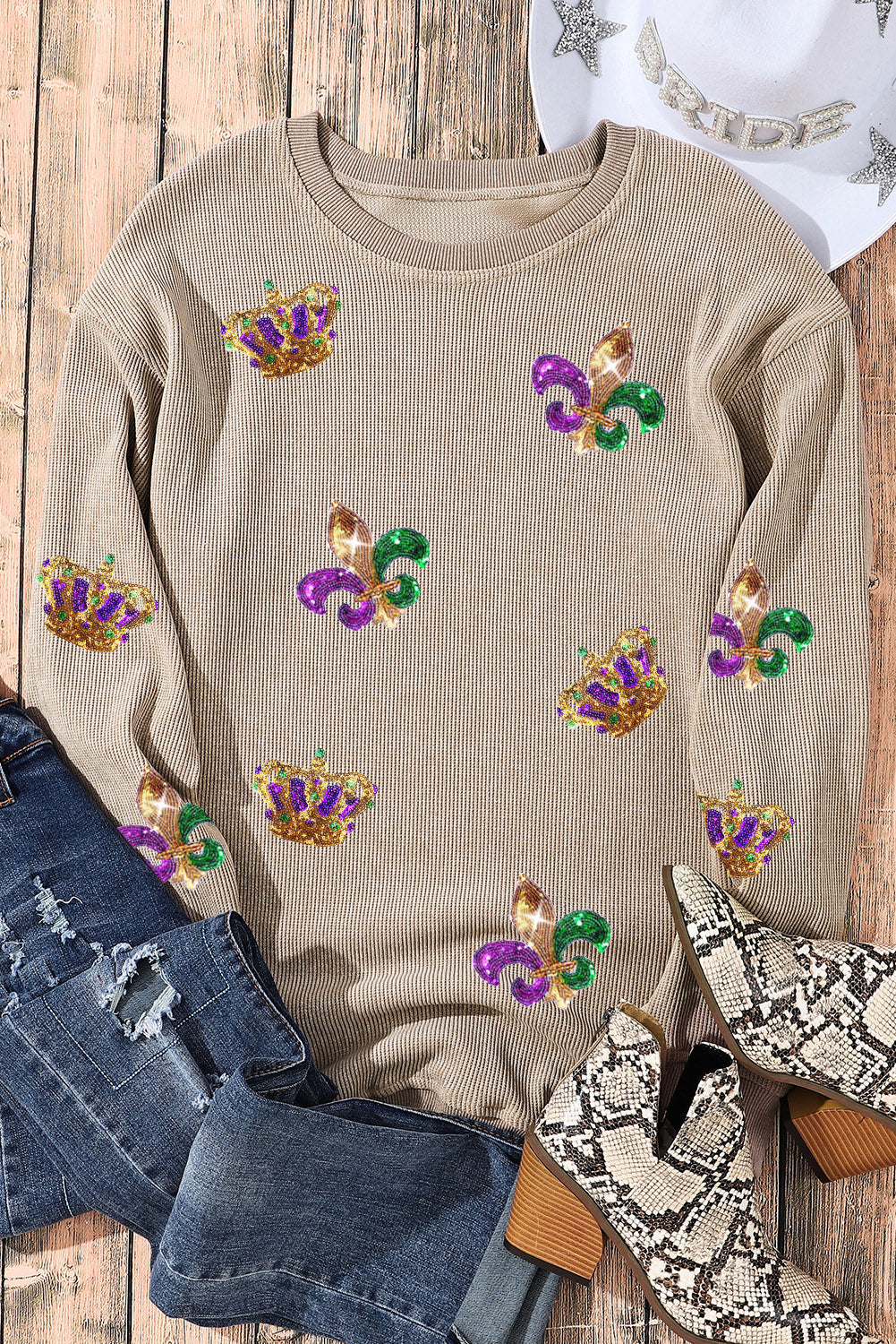 Khaki Mardi Gras Sequin Crown Fleur De Lis Corded Sweatshirt