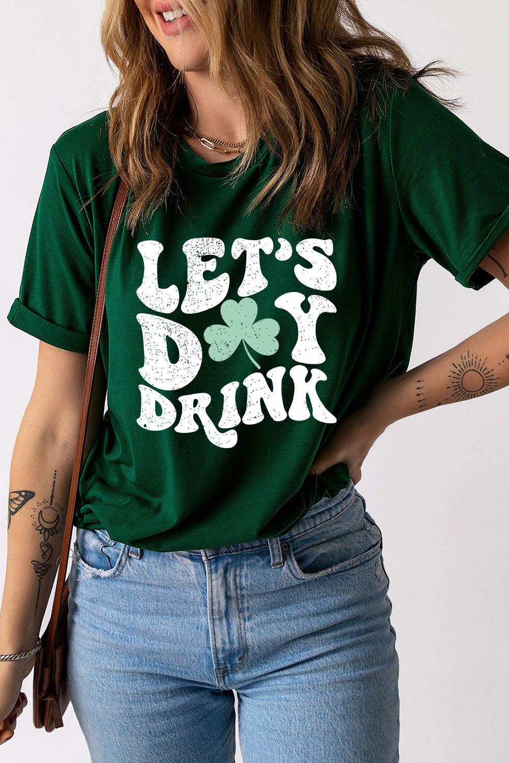 Green Lets Day Drink Clover Print Round Neck T Shirt