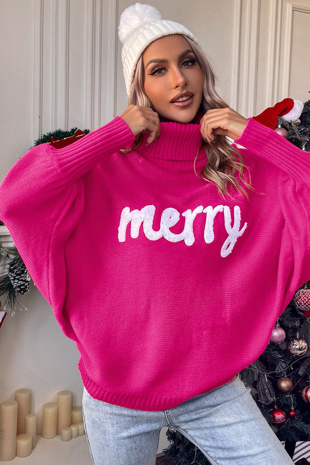 Merry Letter Embroidered High Neck Sweater