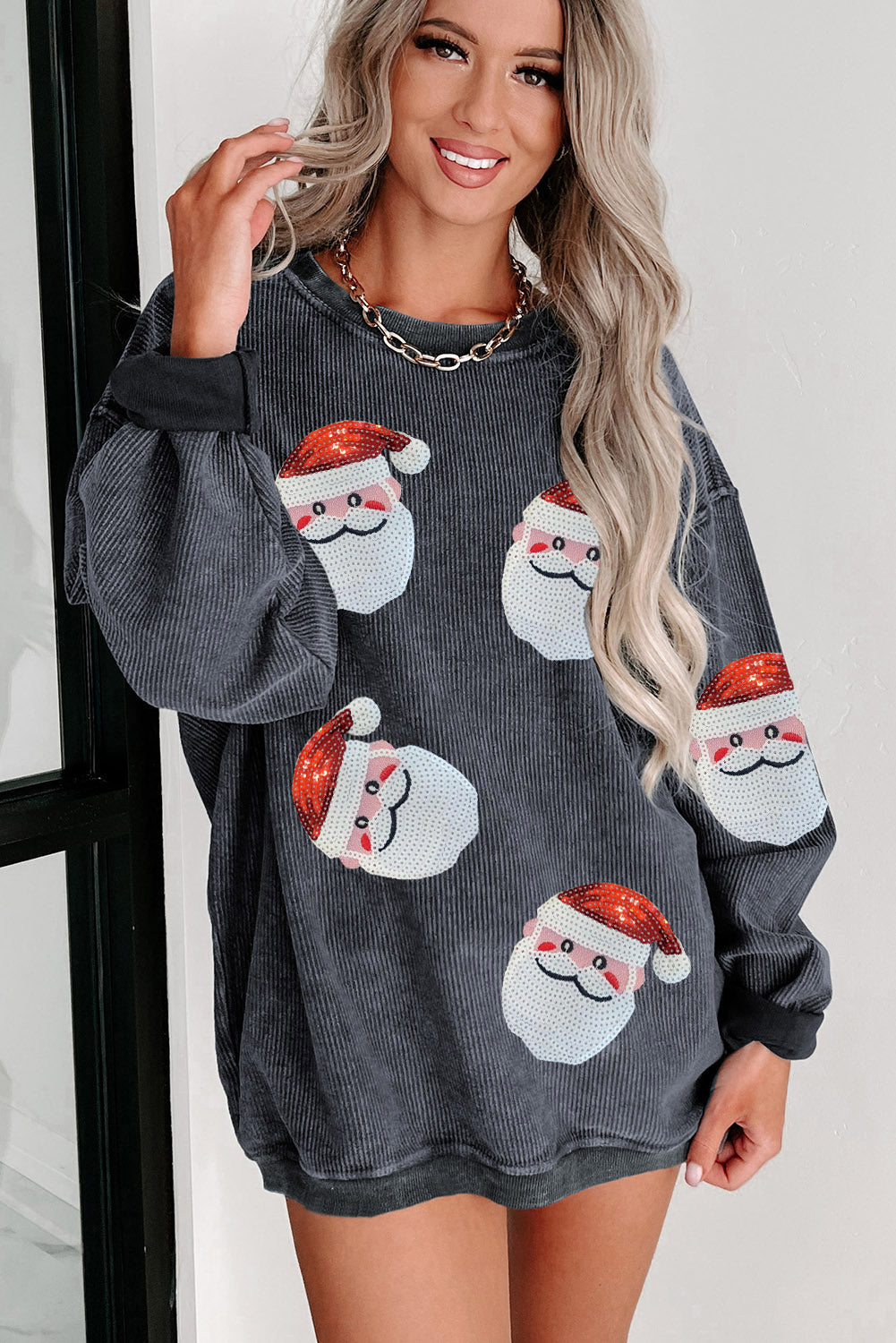 Gray Sequined Santa Claus Corded Christmas Sweatshirt
