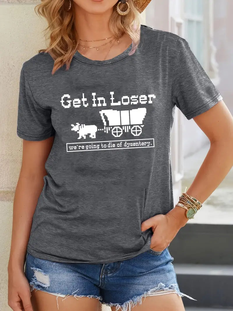 Vintage Oregon Trail T-shirt, Women's Casual Short Sleeve T-shirt with Letter & Graphic Print
