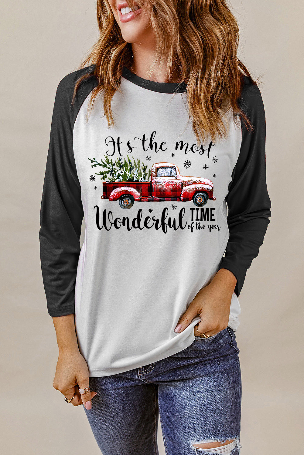 Christmas Truck Letter Graphic Print Color Block Top