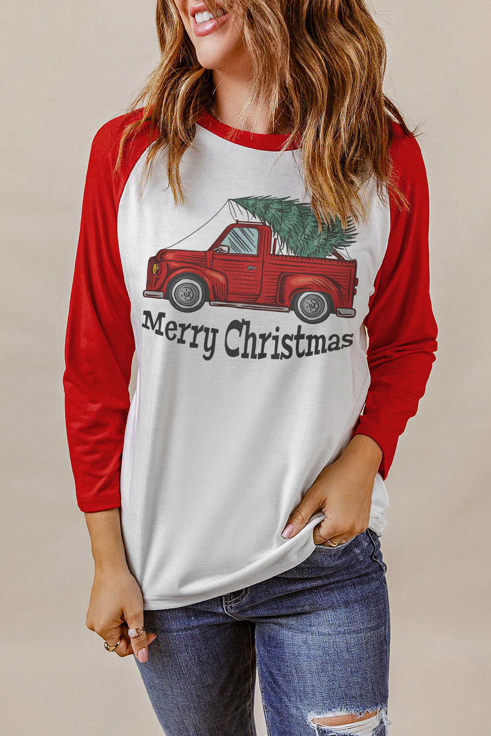 Merry Christmas Truck Graphic Print Color Block Top