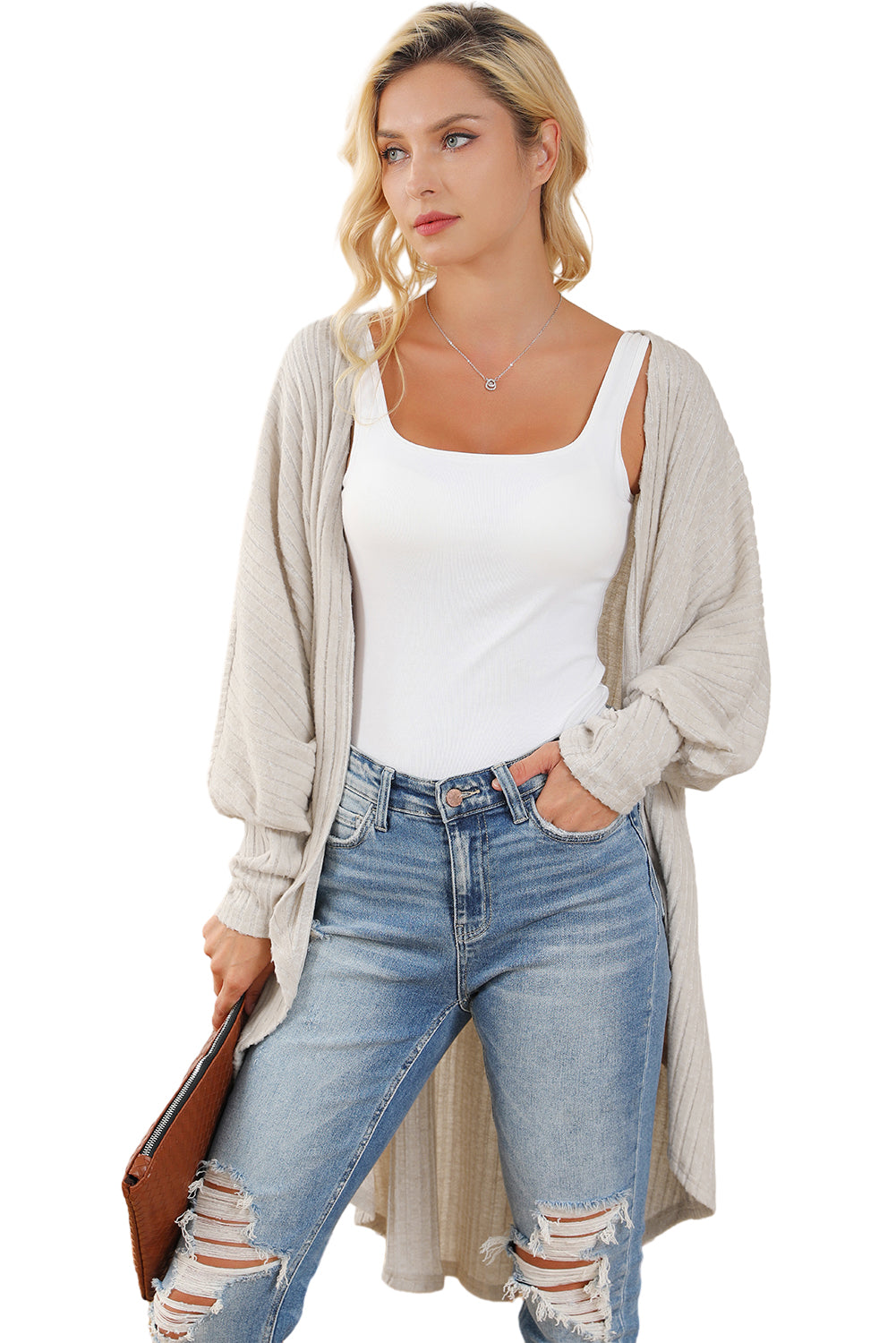 Parchment Bat Sleeve Wide Ribbed Knit Cardigan