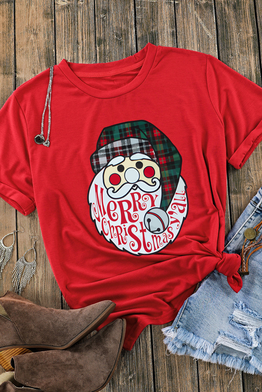 Red Santa Clause Graphic Crew Neck Christmas T Shirt