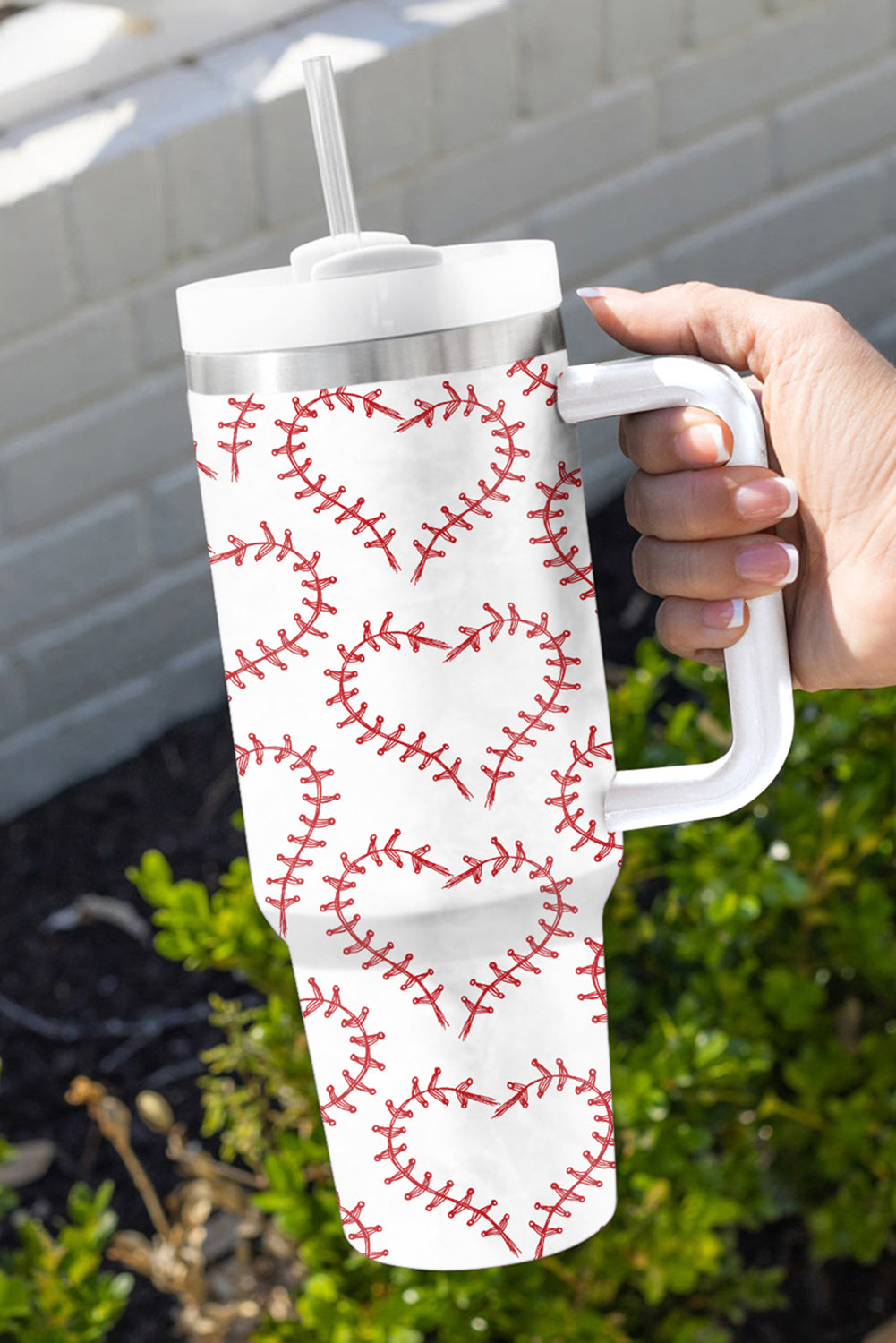 White Heart-shaped Baseball Stainless Thermos Cup with Handle