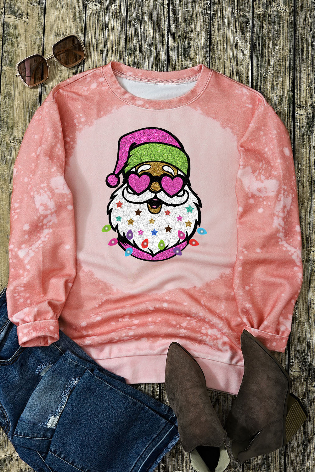 Pink Tie Dye Santa Claus Graphic Pullover Sweatshirt