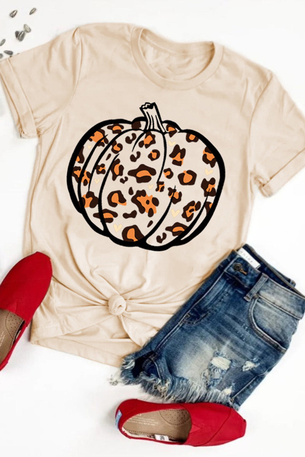 Khaki Pumpkin Leopard Print Short Sleeve Graphic T Shirt