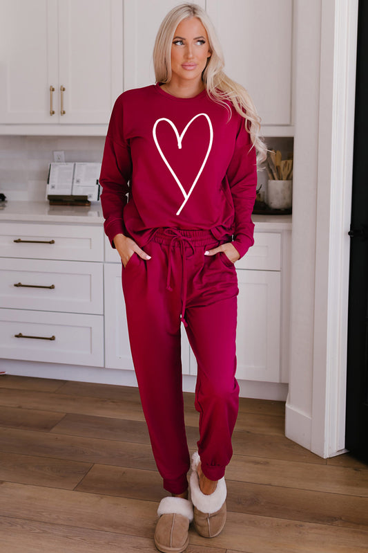 Red Heart Graphic Pullover and Joggers Casual Pants Set