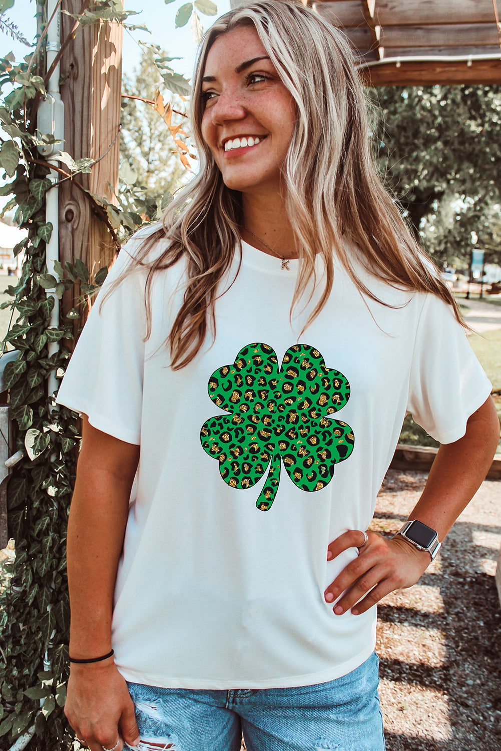 White Leopard Four Leaf Clover Graphic Tee
