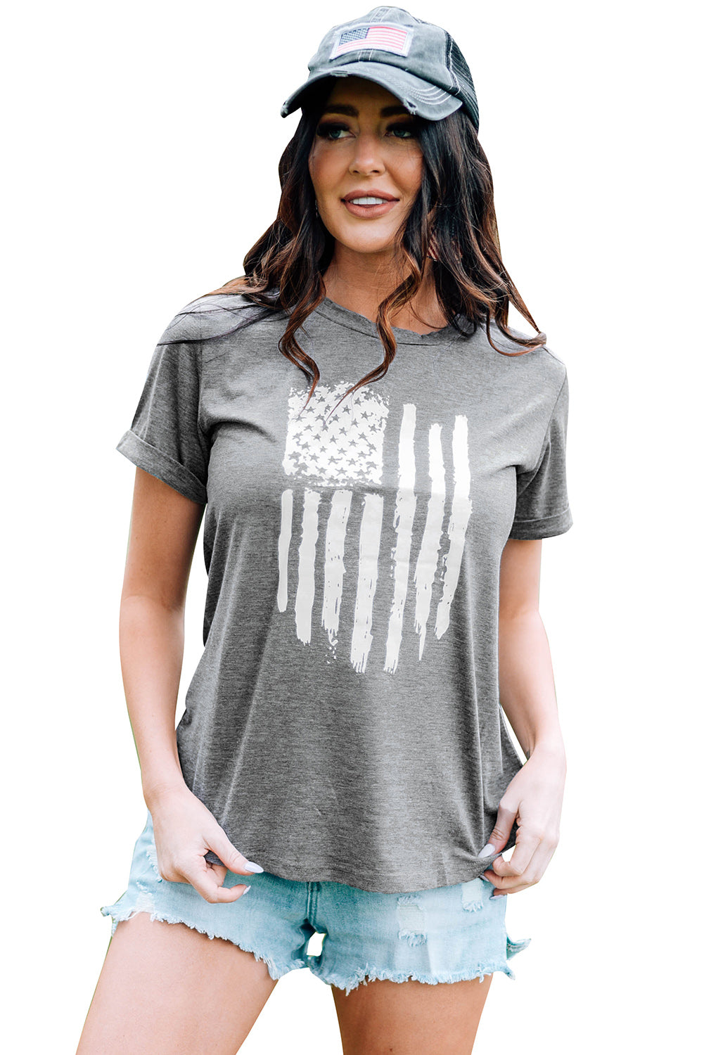 Gray America Flag Print Crewneck T-shirt