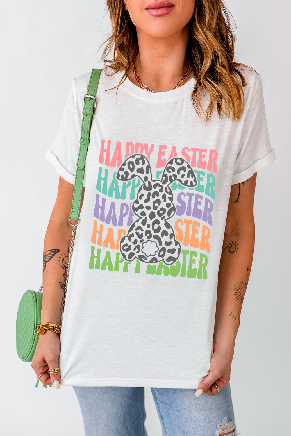 White Happy Easter Rabbit Print Crew Neck T Shirt