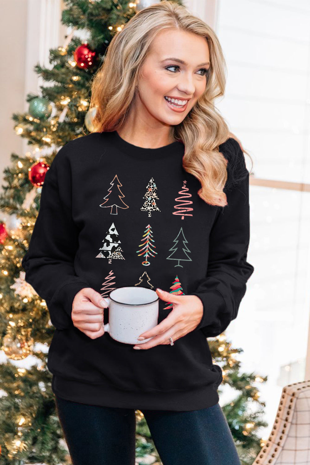 Christmas Tree Graphic Print Crew Neck Sweatshirt