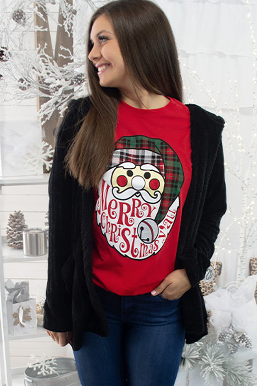 Red Santa Clause Graphic Crew Neck Christmas T Shirt