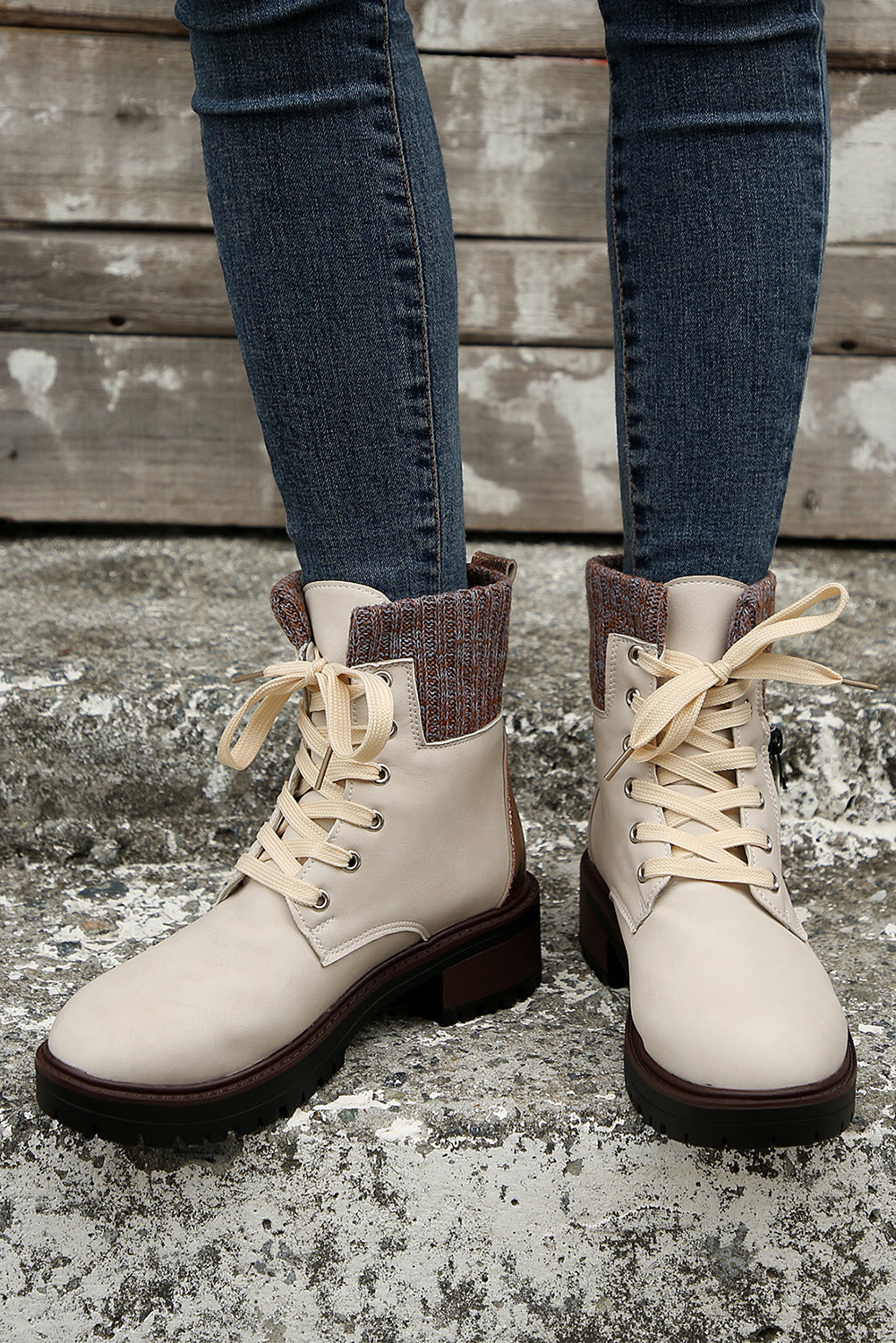 Beige Knitted Patched Lace-up Heeled Ankle Boots