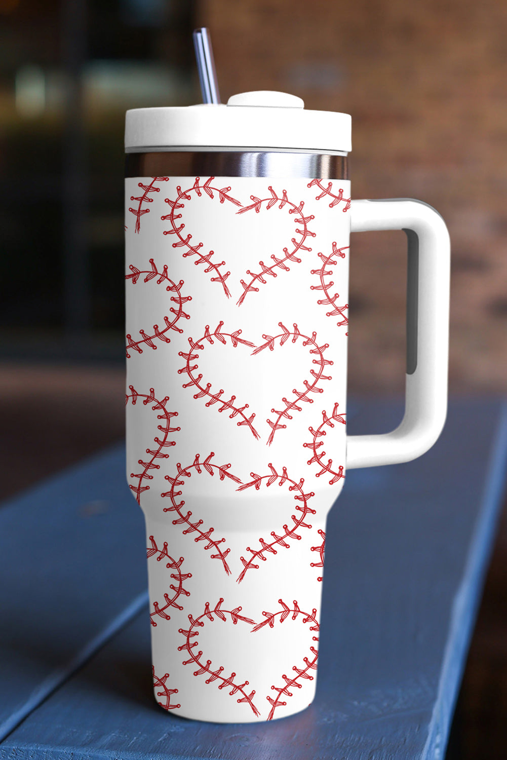 White Heart-shaped Baseball Stainless Thermos Cup with Handle