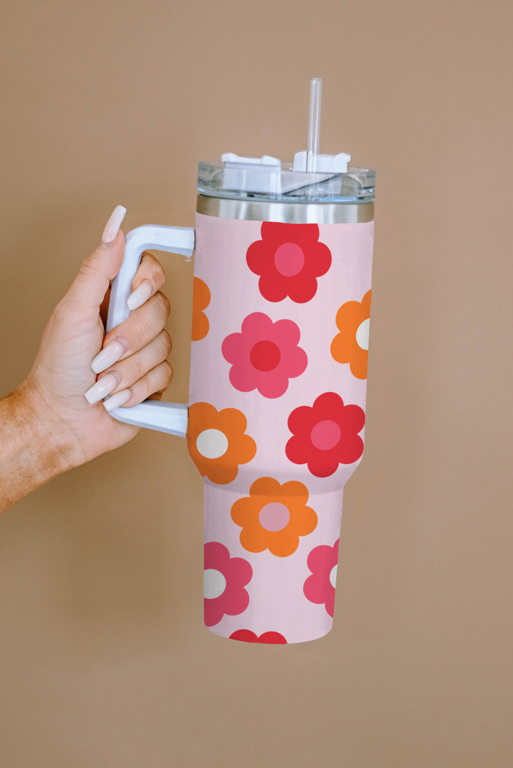 Multicolor Flower Print Handled Stainless Steel Vacuum Cup