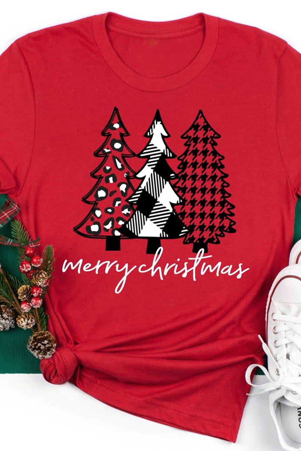 Red Merry Christmas Trees Graphic T Shirt