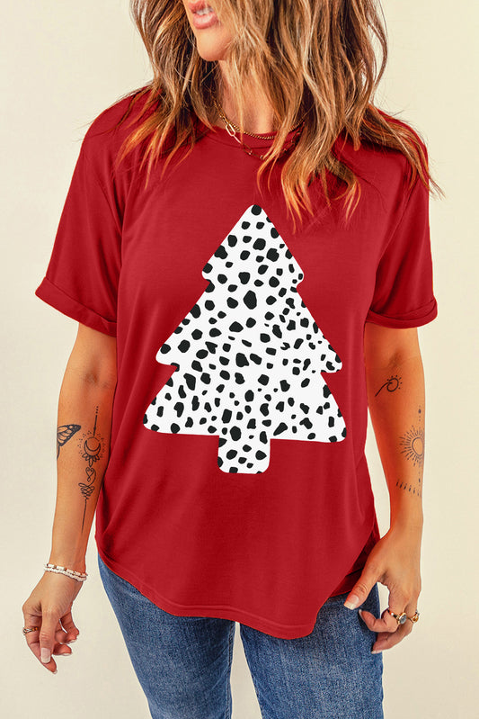 Leopard Christmas Tree Print Short Sleeve Graphic Tee