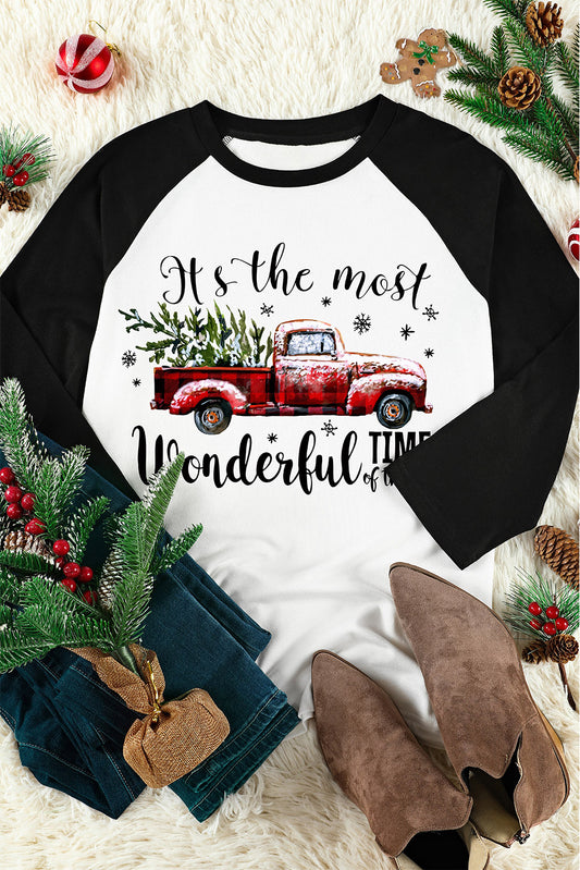 Christmas Truck Letter Graphic Print Color Block Top