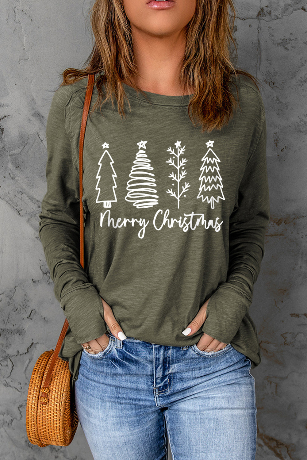 Green Merry Christmas Trees Thumbhole Sleeve Graphic Tee