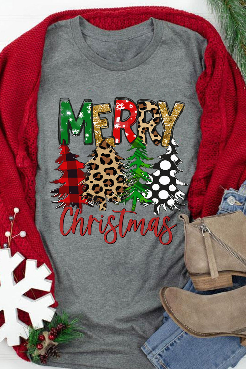 Merry Christmas Tree Pattern Print Crew Neck Graphic Tee