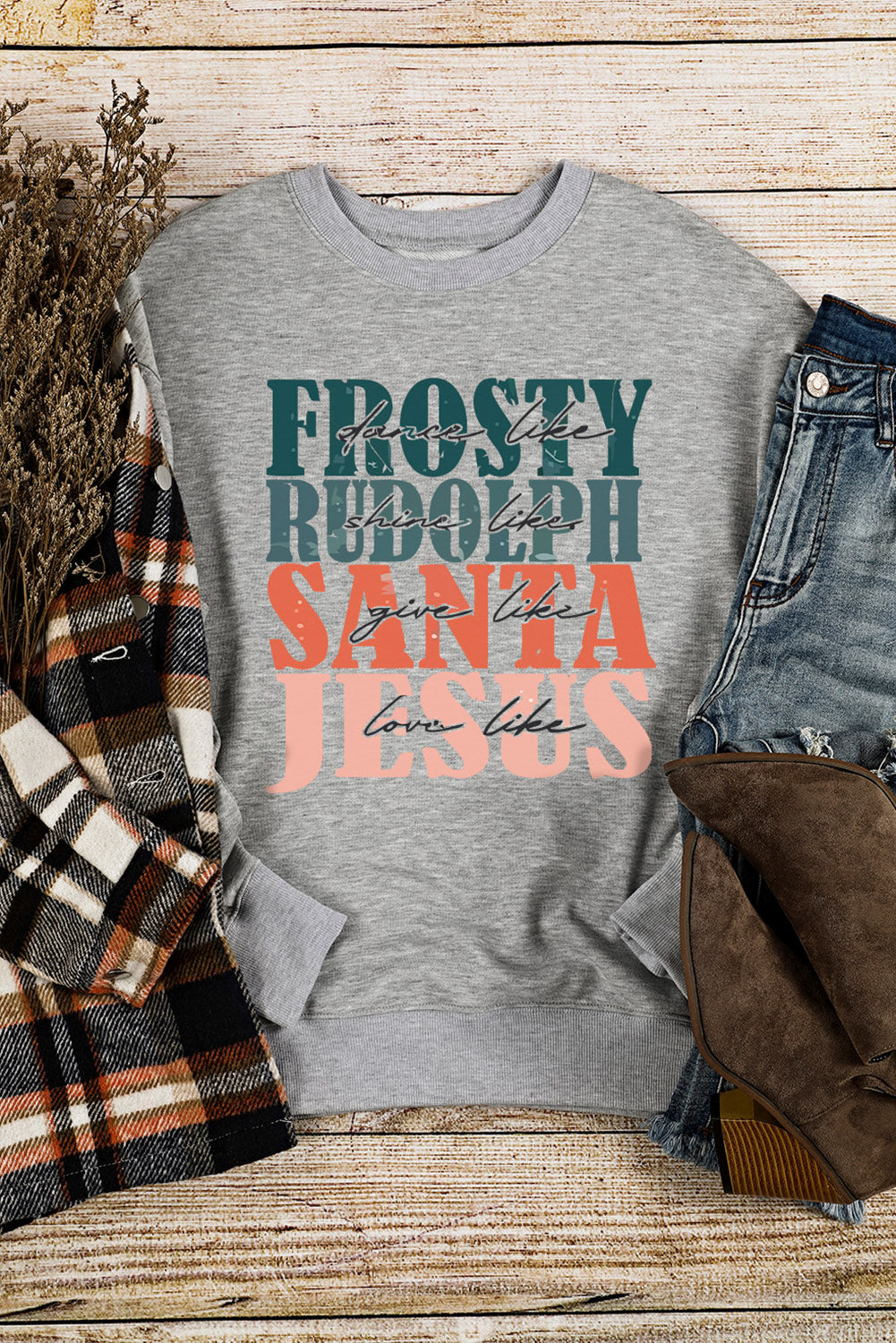 Frosty Rudolph Santa Jesus Graphic Long Sleeve Sweatshirt