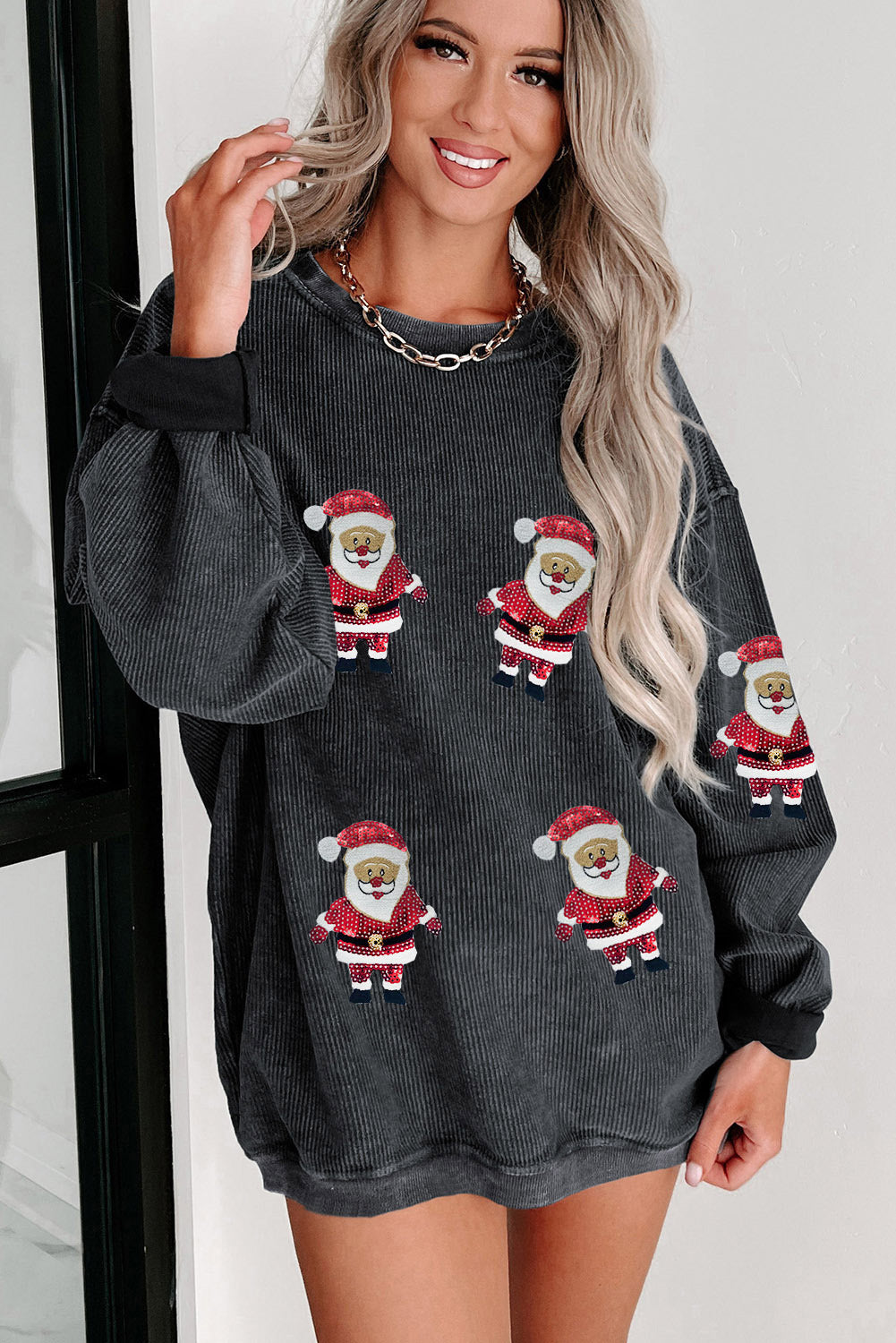 Black Sequined Santa Claus Graphic Corded Sweatshirt