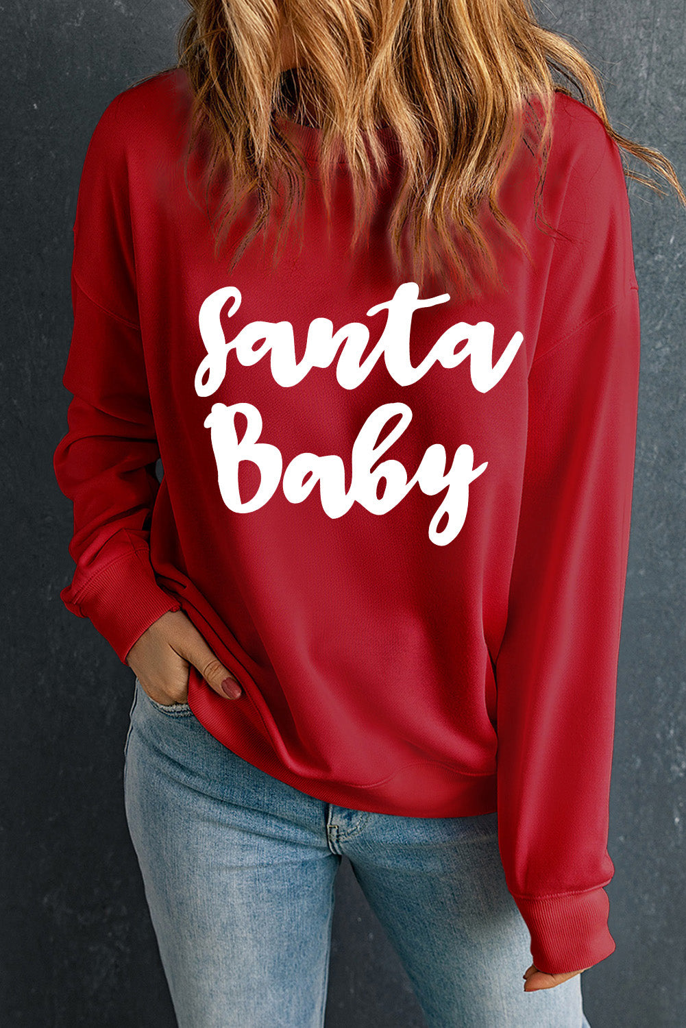 Red Santa Baby Print Crew Neck Pullover Sweatshirt