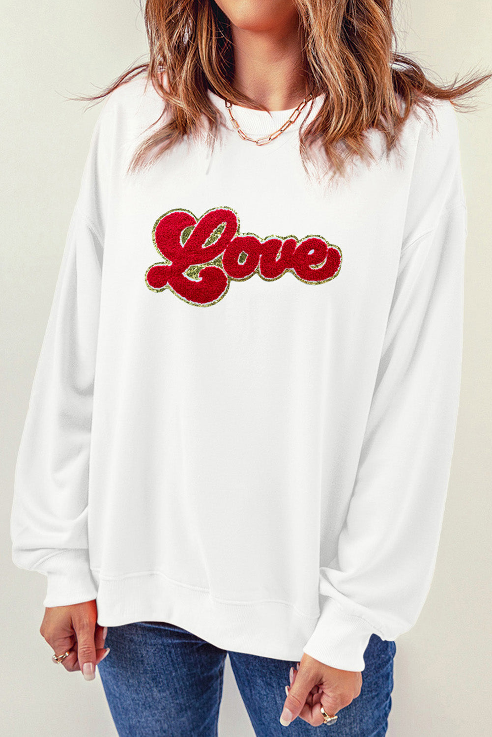 Beige Love Letter Chenille Embroidered Pullover Sweatshirt