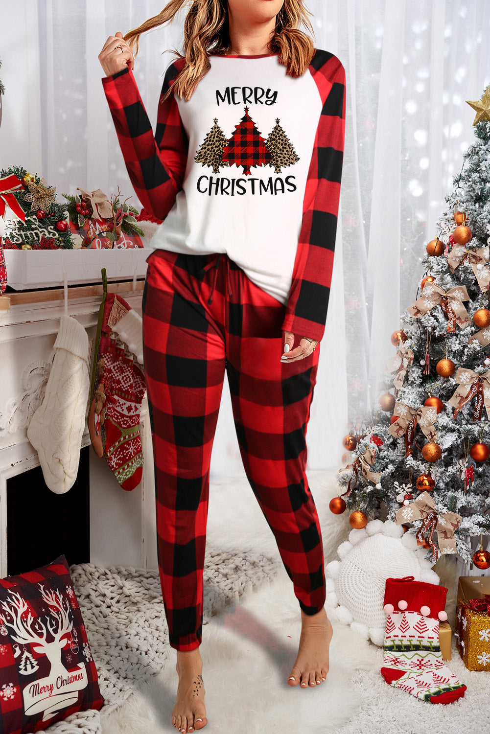 Red MERRY CHRISTMAS Trees Plaid Print Two Piece Lounge Set