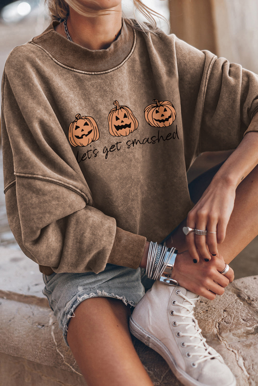 Brown Let\'s Get Smashed Halloween Pumpkin Graphic Sweatshirt