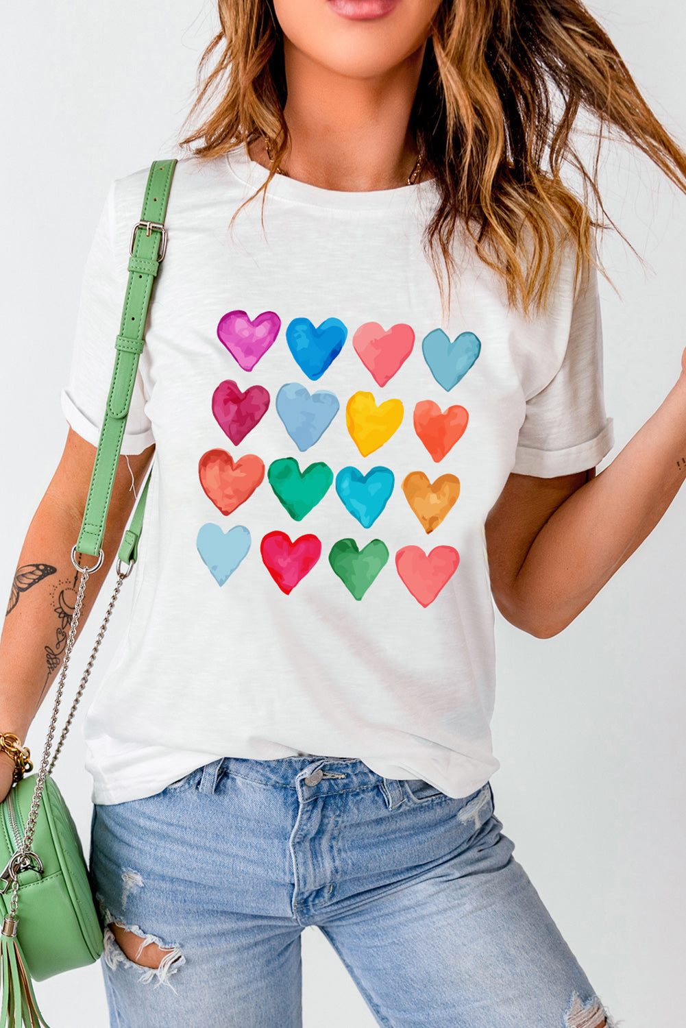 White Colorful Heart Shaped Print Crew Neck T Shirt