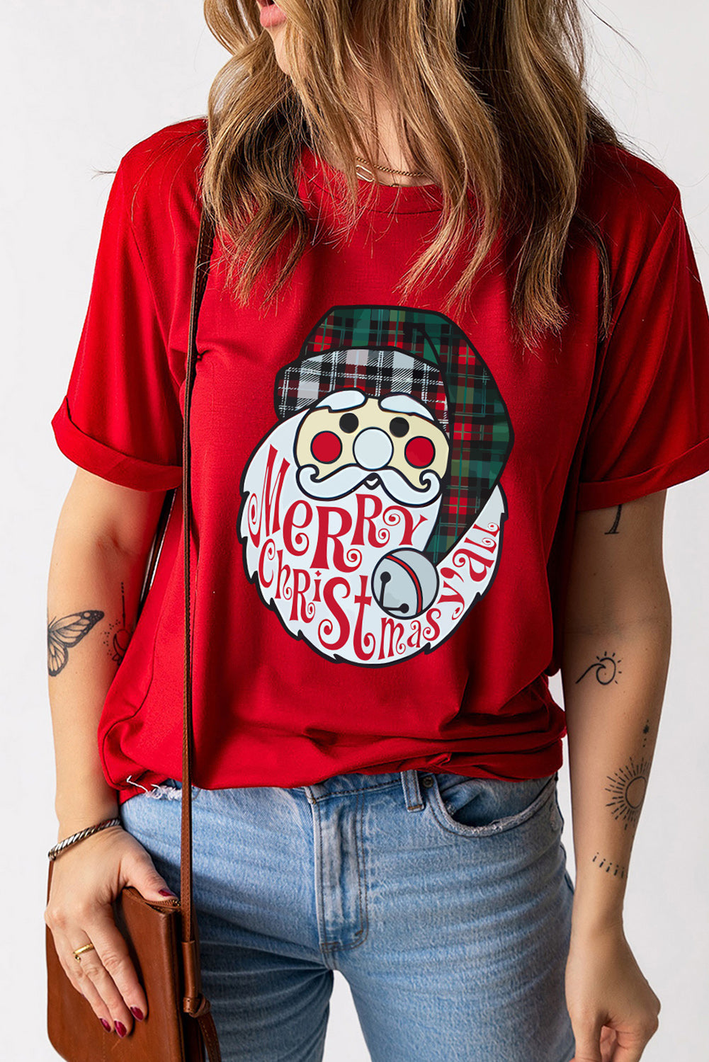 Red Santa Clause Graphic Crew Neck Christmas T Shirt