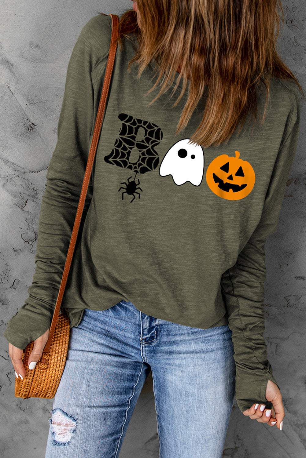 Green Halloween BOO Print Long Sleeve Graphic T Shirt