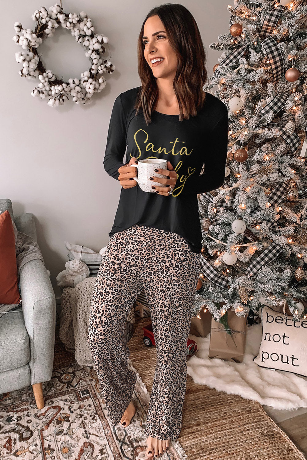 Santa Baby Leopard Print Long Sleeve Wide Leg Lounge Set