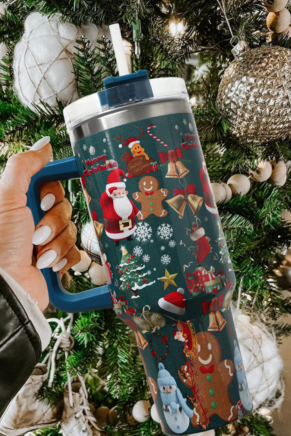 Sail Blue Christmas Pattern Print Handled Stainless Steel Tumblers