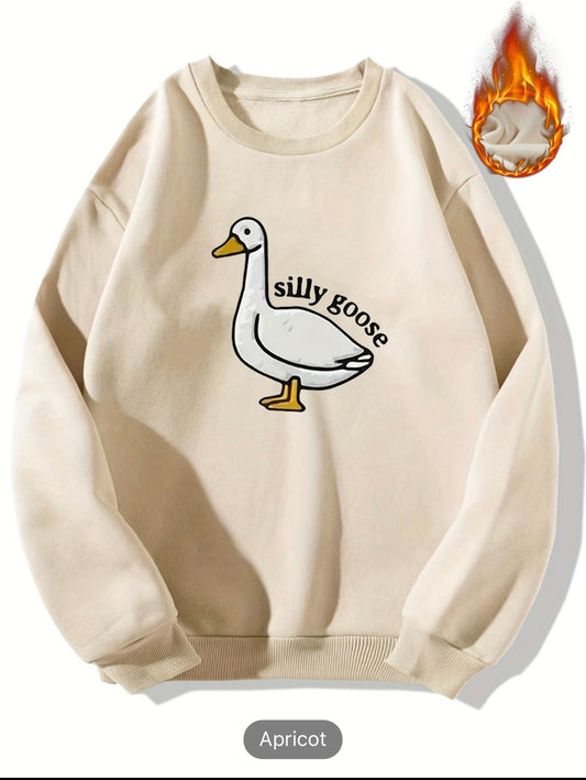 Silly Goose Print Crew Neck Fleece Sweatshirt Warm Pullover For Men Solid Color Sweatshirts For Winter Fall Long Sleeve Tops