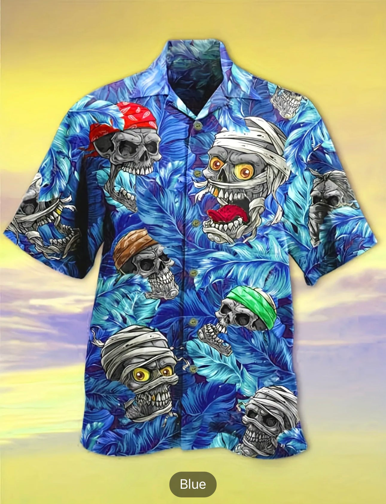 Skull & Tropical Leaf Print Men's Casual Short Sleeve Hawaiian Shirt, Men's Shirt For Summer Vacation Resort, Tops For Men