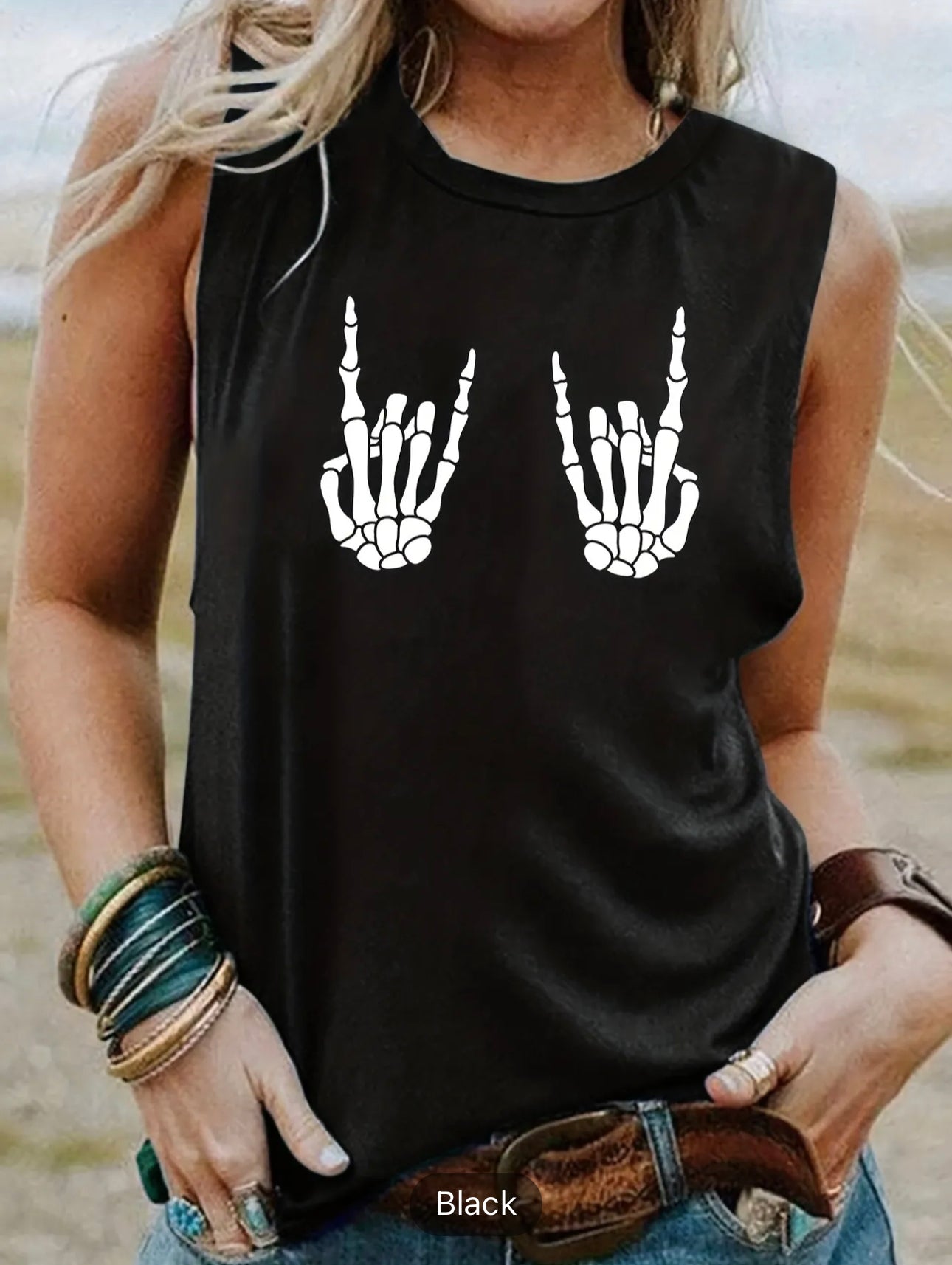 Women's Summer Tank Top: Skull Hand Print Crew Neck Sleeveless Top for Casual Style
