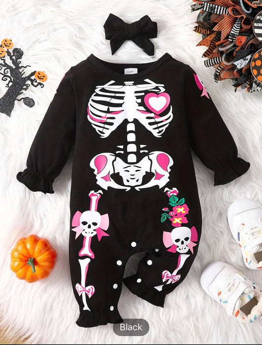 Novelty Halloween Skull Print Jumpsuit With Bandana Outfit, Infant Baby Party Dress Up 2pcs Set