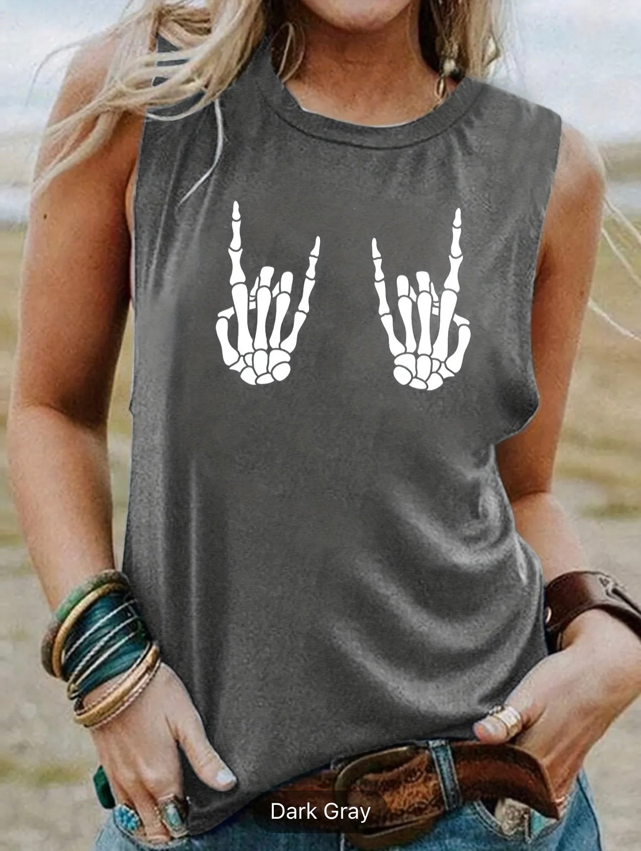 Women's Summer Tank Top: Skull Hand Print Crew Neck Sleeveless Top for Casual Style