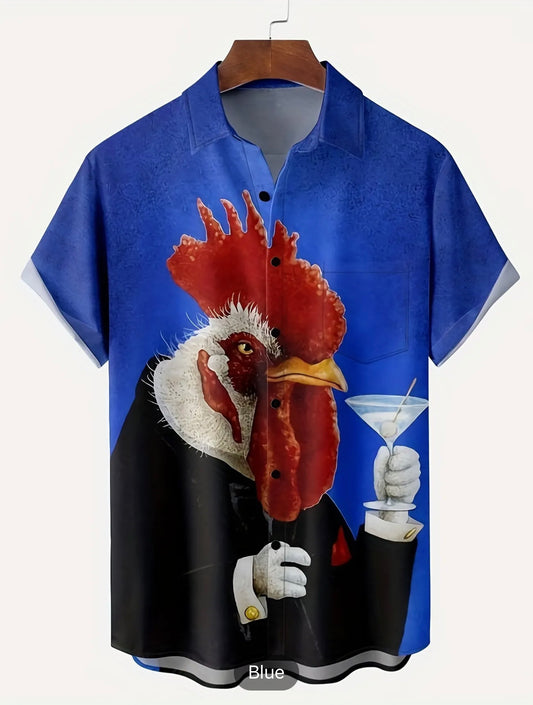 Funny Chicken Print Men's Casual Short Sleeve Shirt, Men's Shirt For Summer Vacation Resort, Tops For Men
