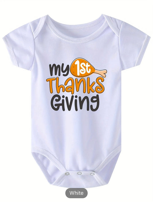 "MY 1ST THANJING GIVING" Turkey Cartoon Pattern Baby Romper, Summer Newborn Short-sleeved Jumpsuit, Pregnancy Gift