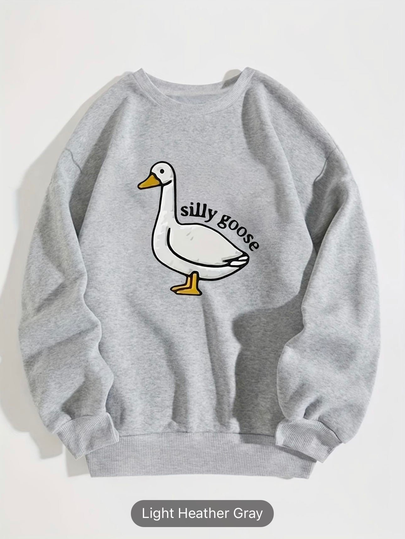 Silly Goose Print Crew Neck Fleece Sweatshirt Warm Pullover For Men Solid Color Sweatshirts For Winter Fall Long Sleeve Tops